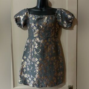 Grey jacquard floral puff sleeve mini dress nwt